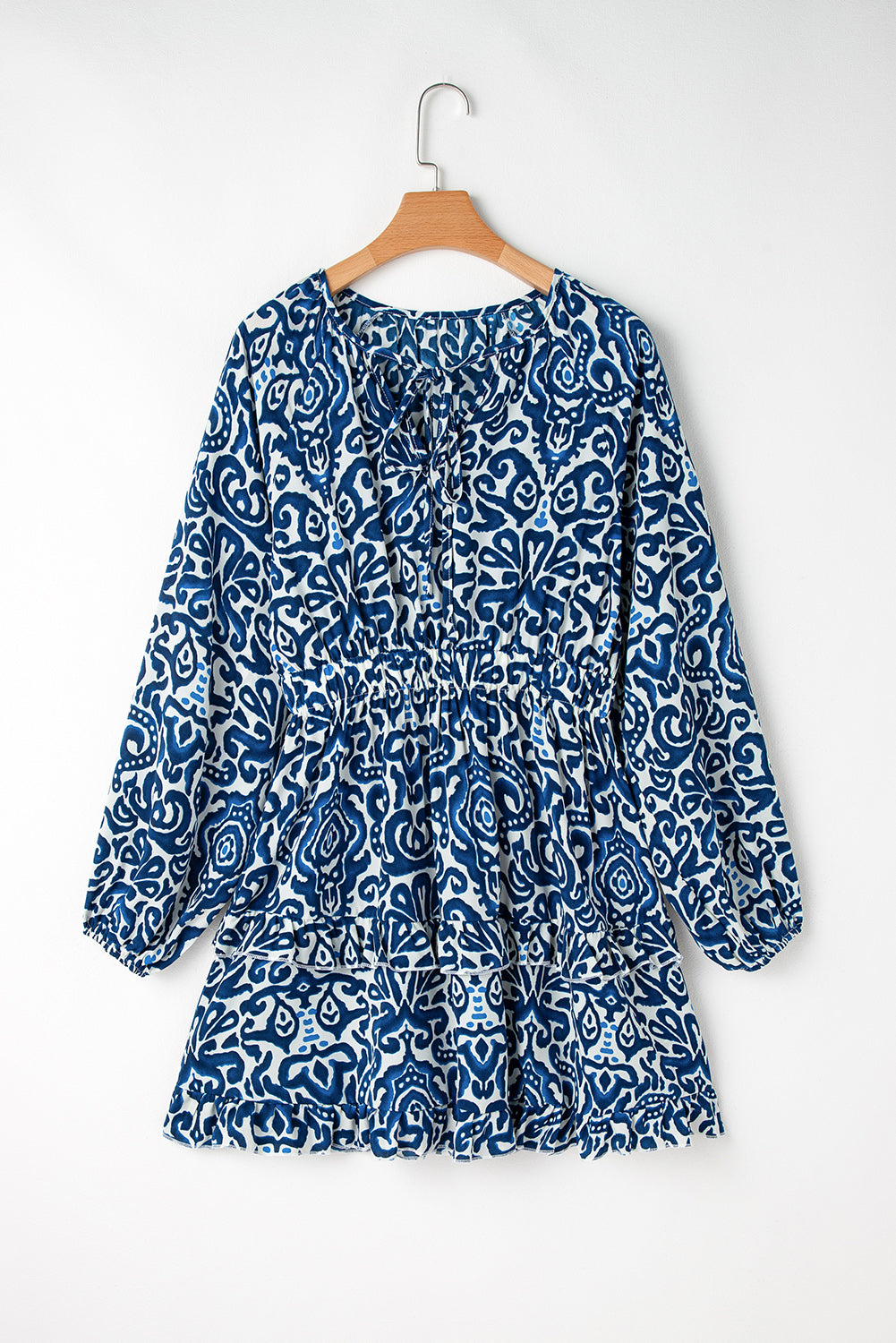 Vestido mini de manga larga con cuello en V, encaje y estampado vintage azul