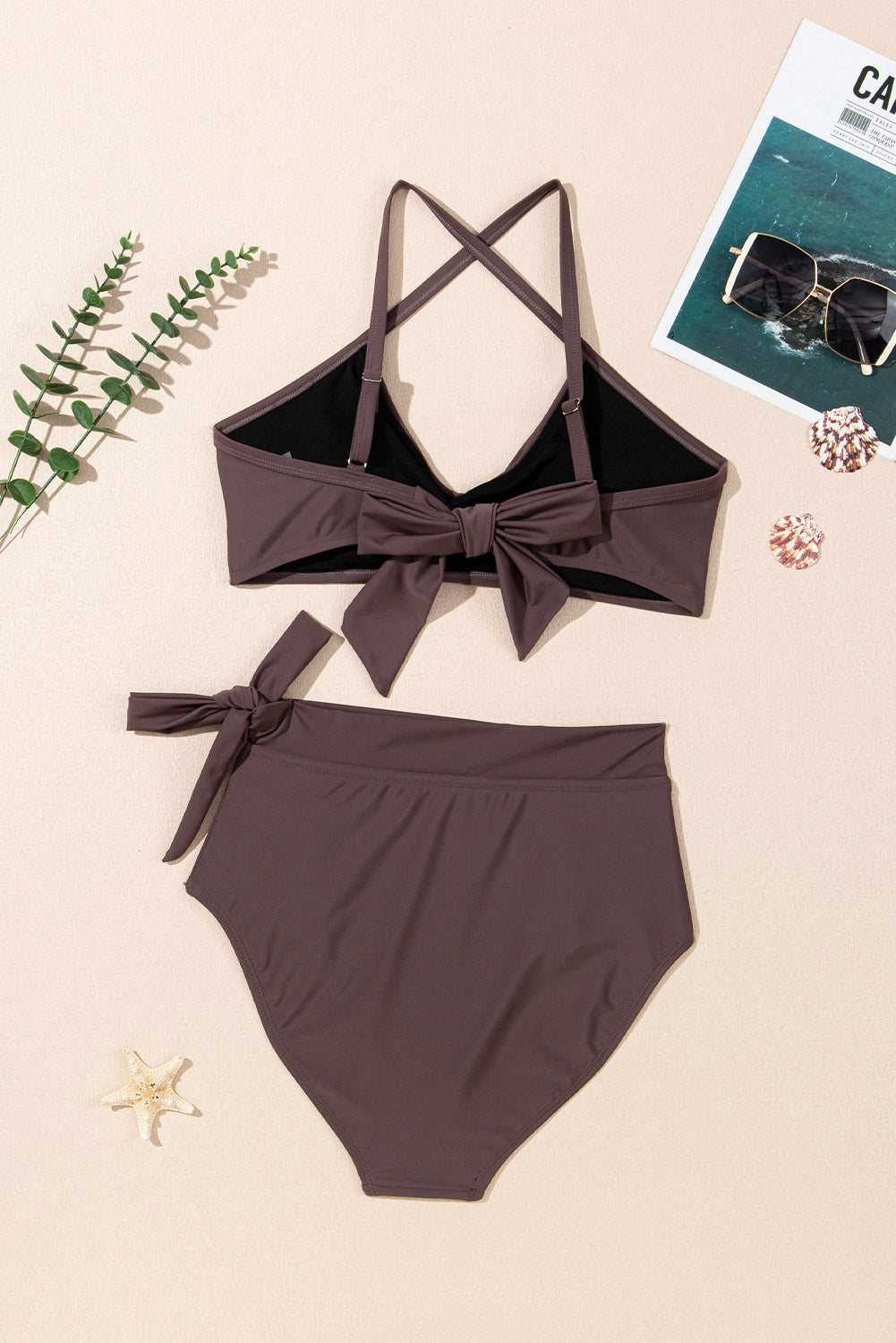Chicory Coffee Crossed Straps Twisted Tropical Print Knot Side High Waist Bottom 2pcs Swimsuit