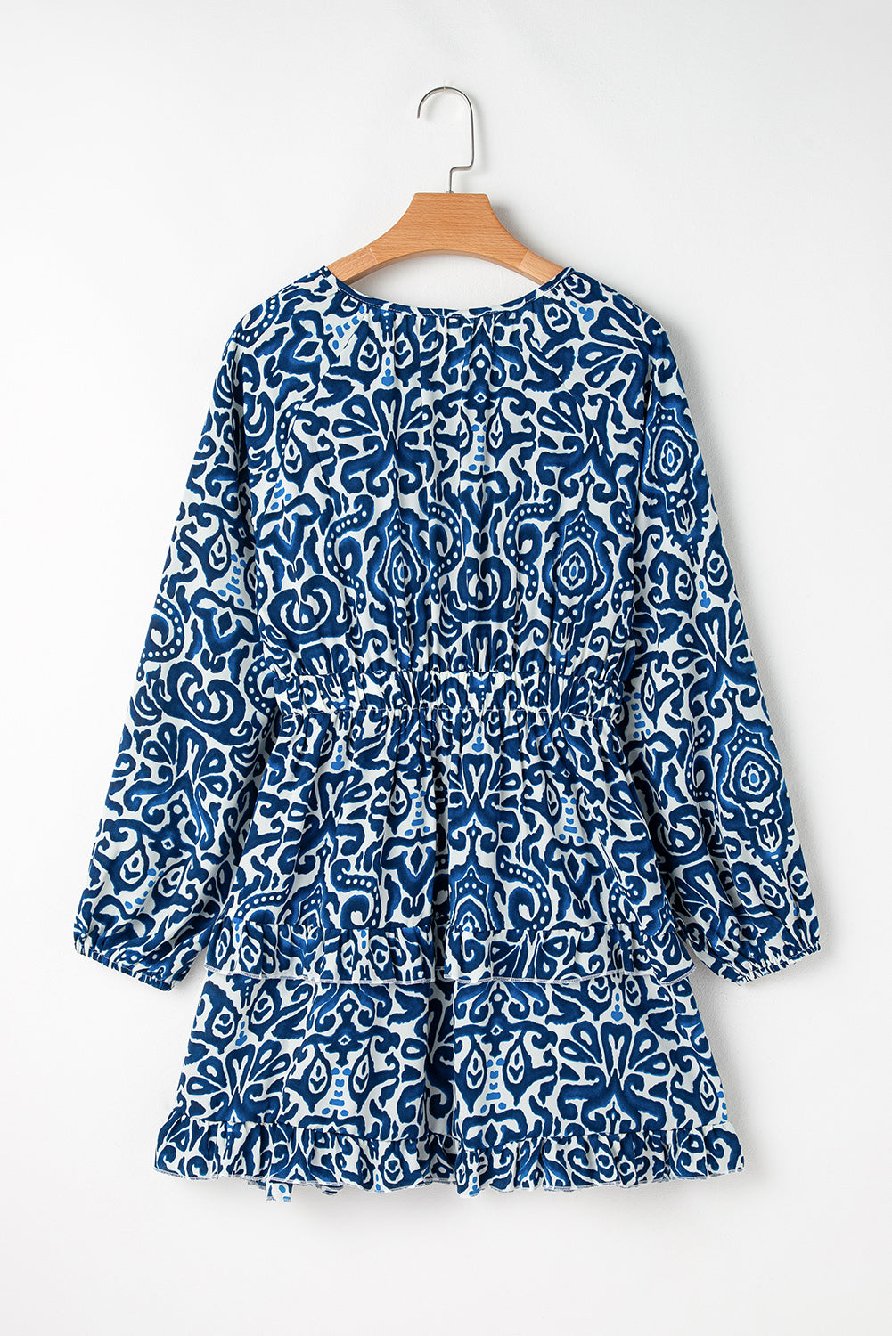 Vestido mini de manga larga con cuello en V, encaje y estampado vintage azul