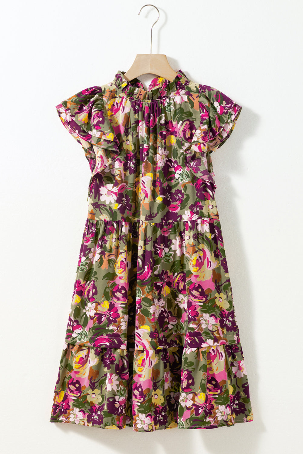Vestido mini con cuello con volantes, mangas abullonadas y estampado floral verde