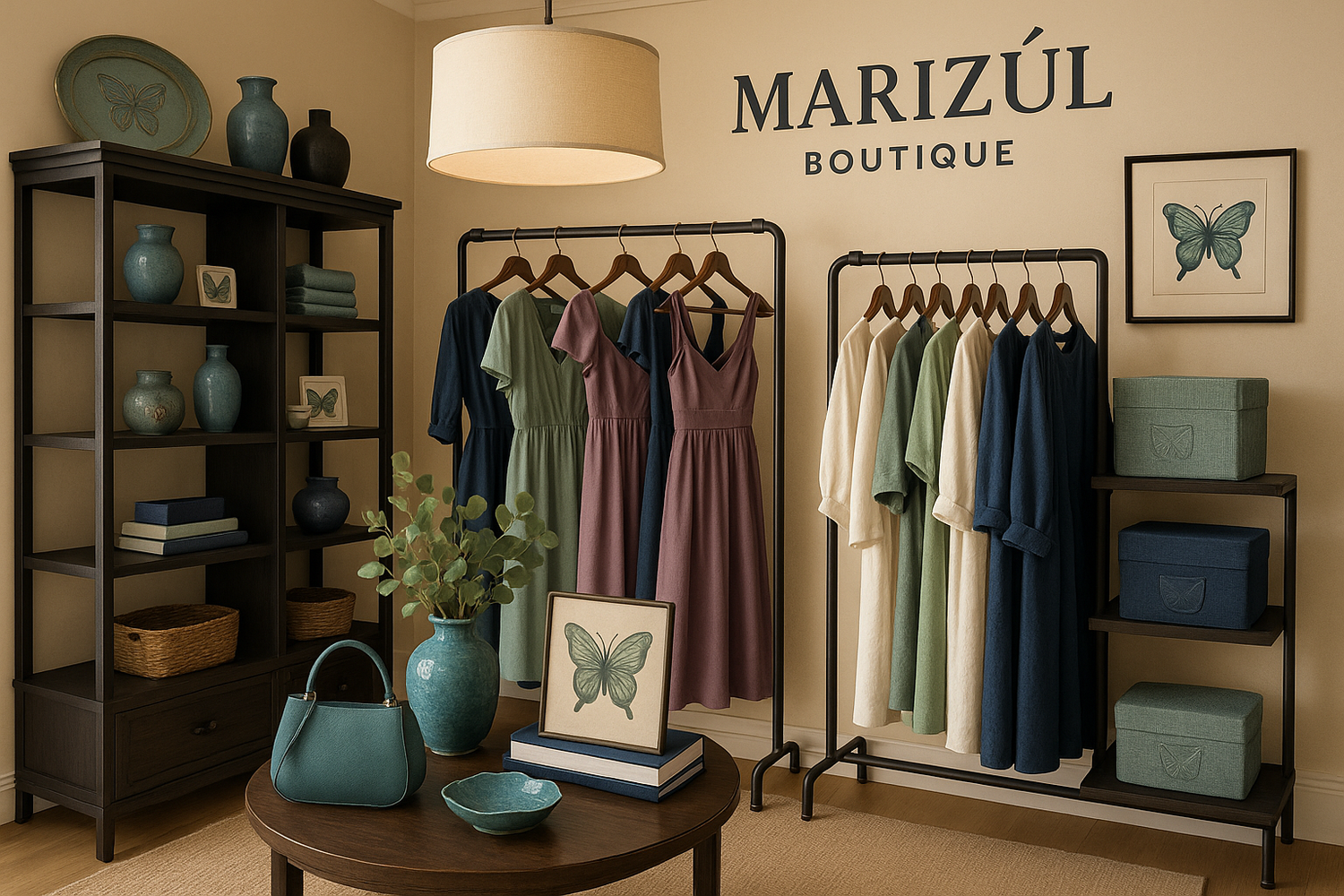 Elegant boutique interior showcasing Marizúl's color palette with clothing displays, home goods, and subtle butterfly motifs