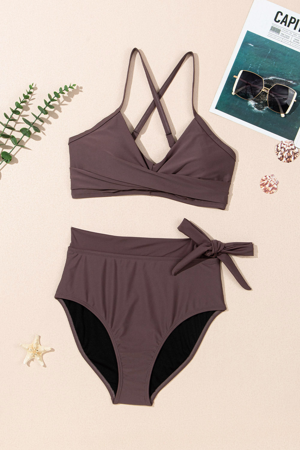 Chicory Coffee Crossed Straps Twisted Tropical Print Knot Side High Waist Bottom 2pcs Swimsuit