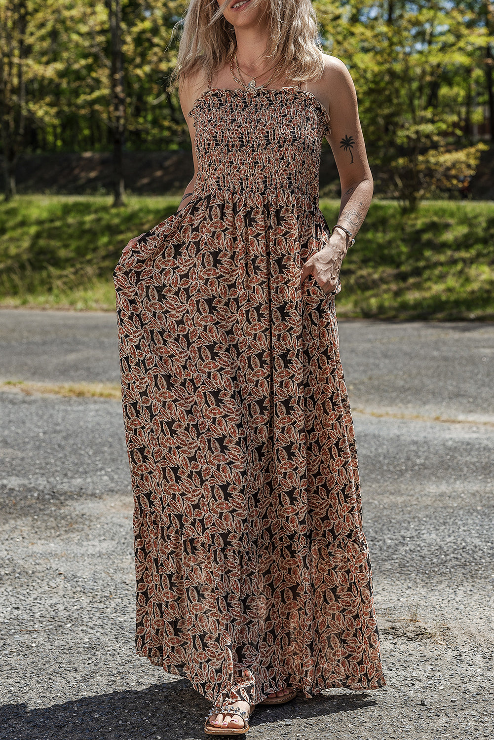 Brown Floral Smocked Bodice High Waist Flowy Sun Dress