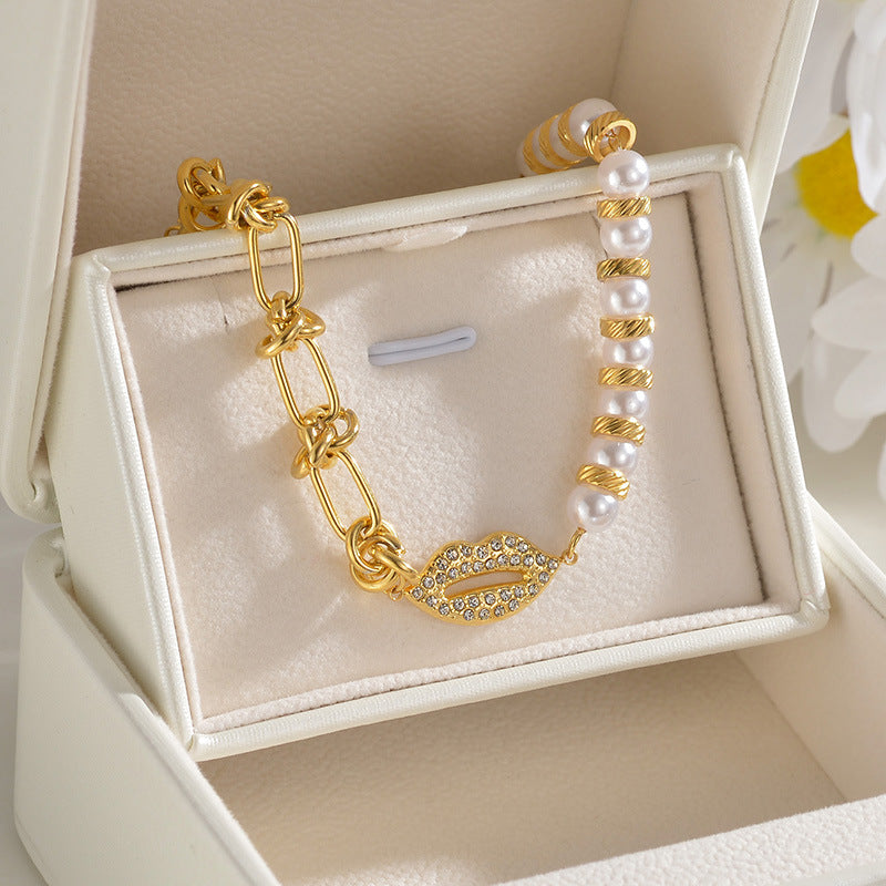 Diamond Pearl Back-shaped Knotted Chain Bracelet in Steel