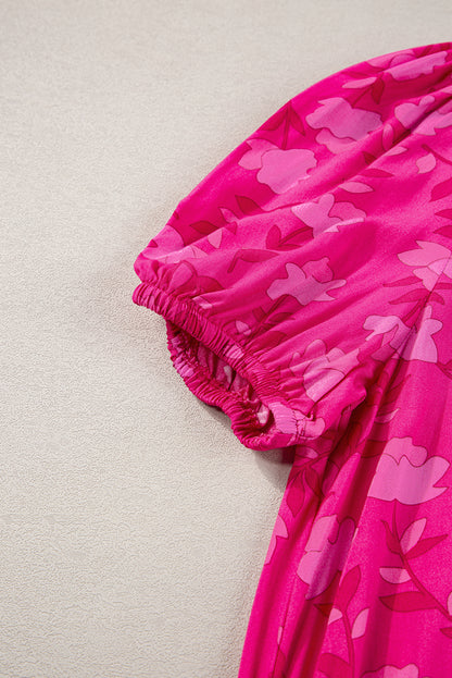 Vestido midi fluido con cordón y plisado con estampado floral en rojo rosa