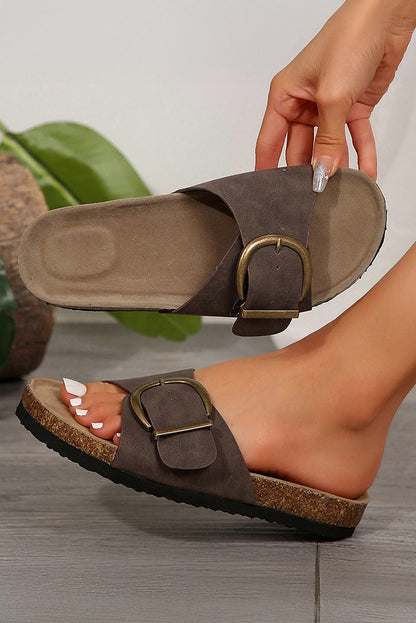 Coffee Buckle Decor Faux Suede Thick Sole Slippers