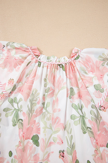 Pink Floral Print Striped Contrast Tiered Ruffled Sleeve V Neck Blouse
