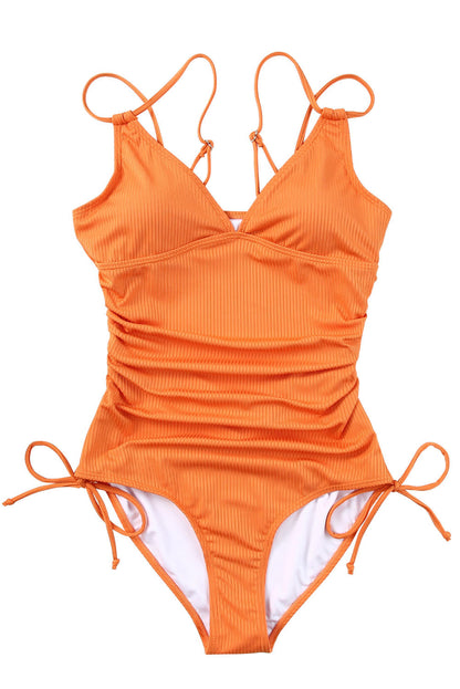 Orange Adjustable Straps Ribbed Knit One Piece Swimsuit