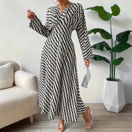 Geometric Printed V-neck Long-sleeved, Cinched-waist Elegant Office Clothing