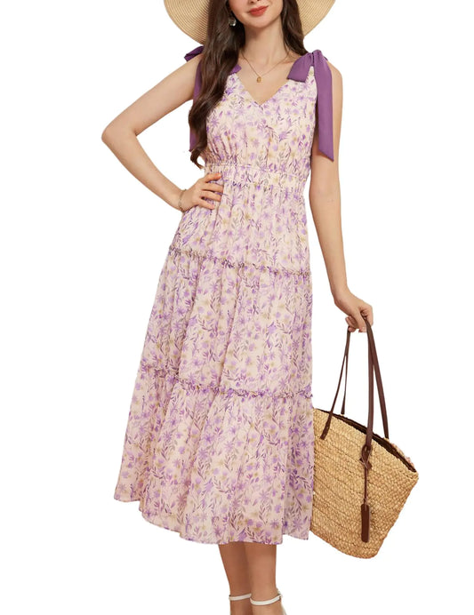 Vestidos largos florales de corte A para mujer, vestidos fluidos de verano con cuello en V, vestidos casuales sin mangas con lazo y vuelo para vacaciones, morado M
