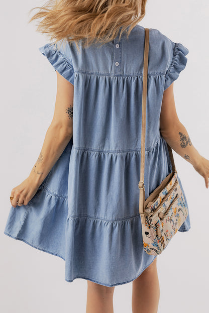 Vestido vaquero azul Beau con volantes, mangas cortas y corte A escalonado