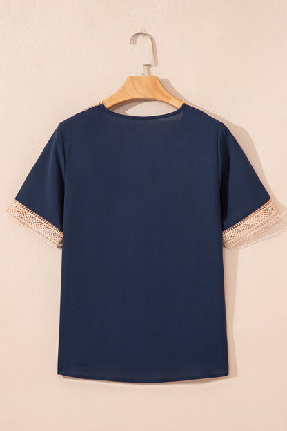 Blue Lace Trim V Neck Short Sleeve Blouse
