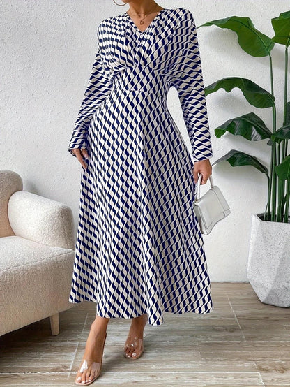 Geometric Printed V-neck Long-sleeved, Cinched-waist Elegant Office Clothing