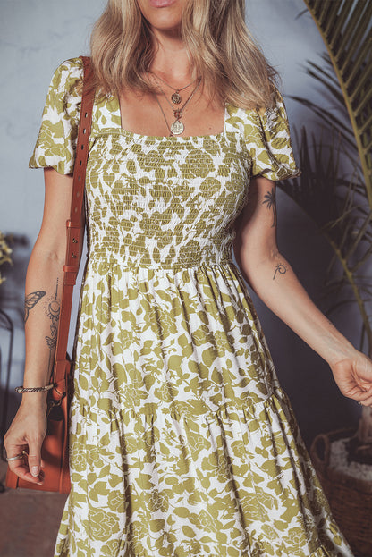 Yellow Boho Floral Square Neck Smocked Bust Puff Sleeve Tiered Long Dress