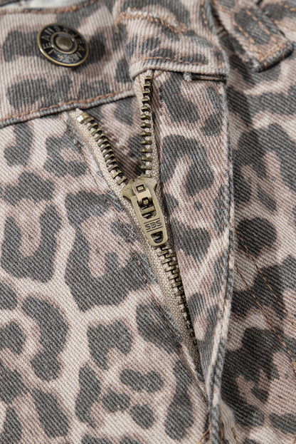Brown Leopard Frayed Edge Wide Leg High Waist Jeans