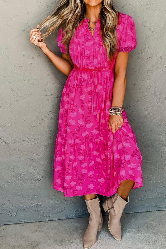 Vestido midi fluido con cordón y plisado con estampado floral en rojo rosa
