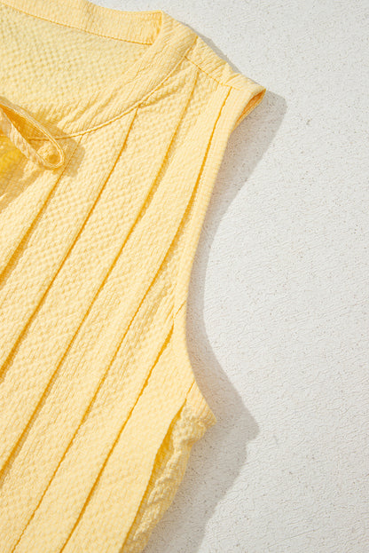 Yellow Cream Bow Tie Notched Neck Pleated Tank Top