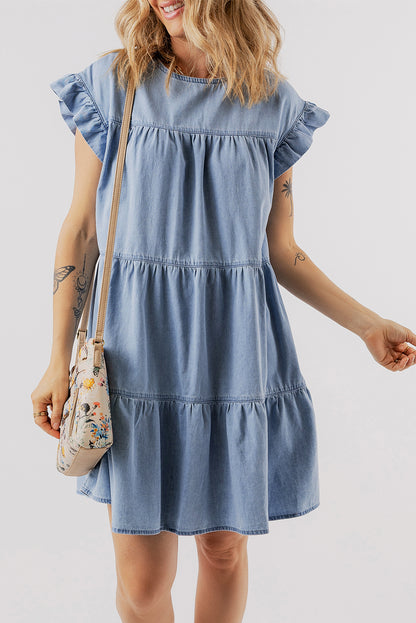 Vestido vaquero azul Beau con volantes, mangas cortas y corte A escalonado