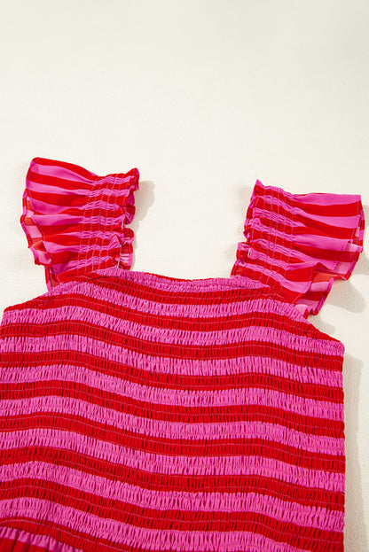 Rose Stripe Flutter Sleeve Smocked Bodice Tiered Maxi Dress