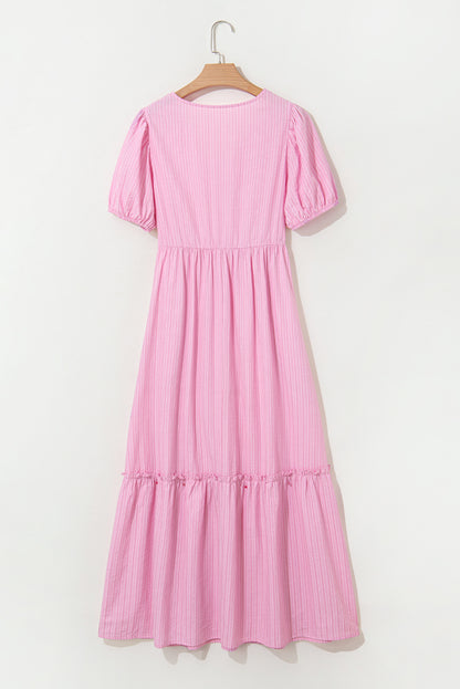 Pink Stripe V Neck Puff Short Sleeve Maxi Dress