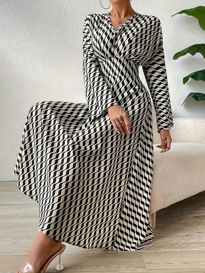 Geometric Printed V-neck Long-sleeved, Cinched-waist Elegant Office Clothing