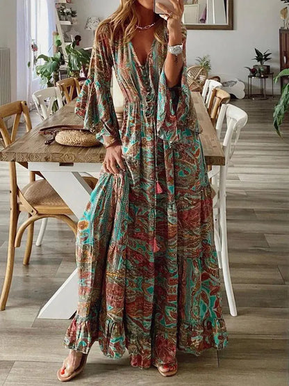 Floral Print Bohemian V-Neck Dress