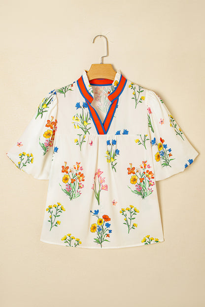 White Floral Short Puff Sleeve Contrast V Neck Print Blouse