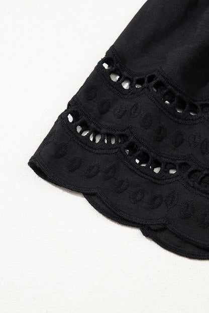 Black Hollow Out Embroidered Short Sleeve O Neck Top