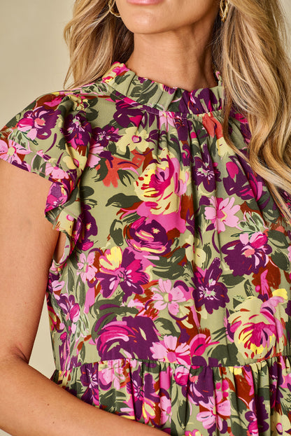 Vestido mini con cuello con volantes, mangas abullonadas y estampado floral verde