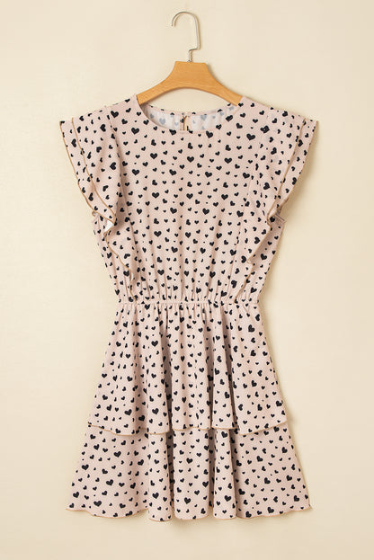 Khaki Heart Printed Flutter Sleeve Cinched Waist Tiered Ruffle Mini Dress