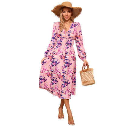 MAKABO 2024 Pink Floral Slim V-Neck Long Dress