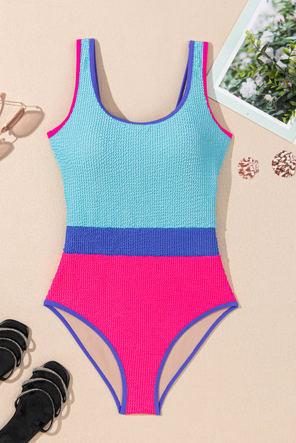 80's Style Rose Red Textured Color Block Patchwork One Piece Swimsuit