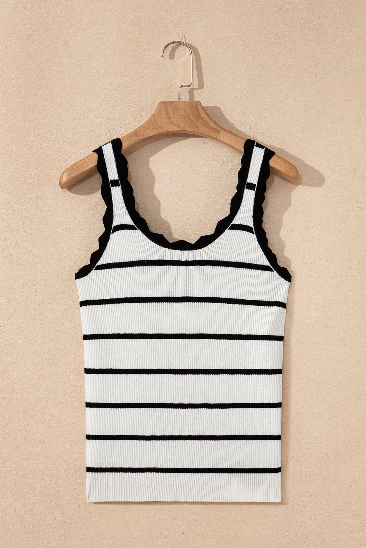 Black Striped Scalloped Edge U Neck Sleeveless Sweater Vest