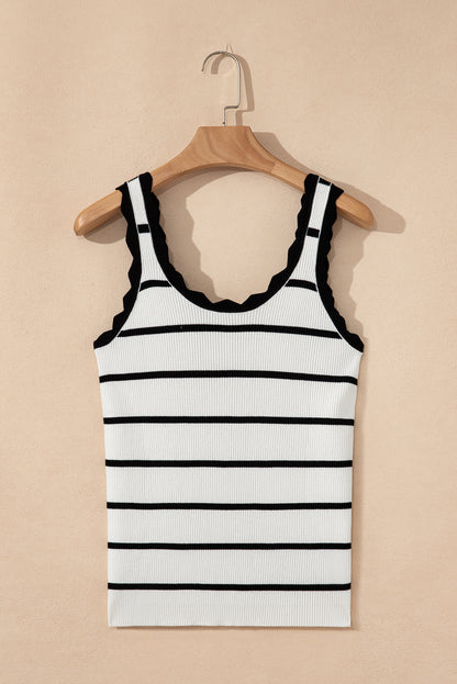 Black Striped Scalloped Edge U Neck Sleeveless Sweater Vest