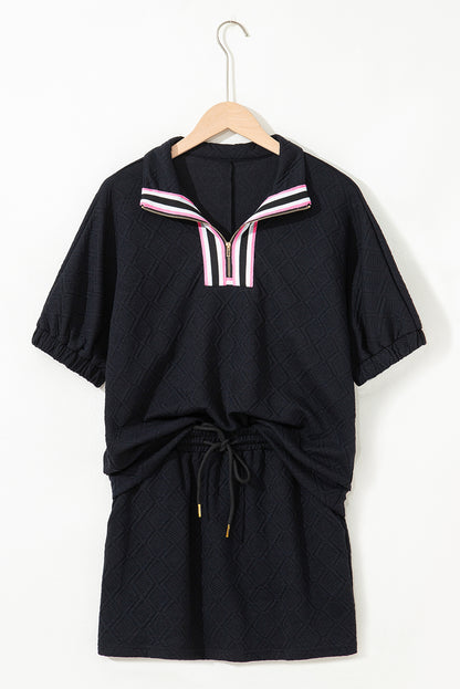 Color black Striped Collared Zip up Textured Skirt Set