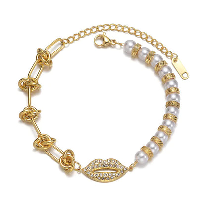 Diamond Pearl Back-shaped Knotted Chain Bracelet in Steel