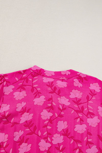 Vestido midi fluido con cordón y plisado con estampado floral en rojo rosa