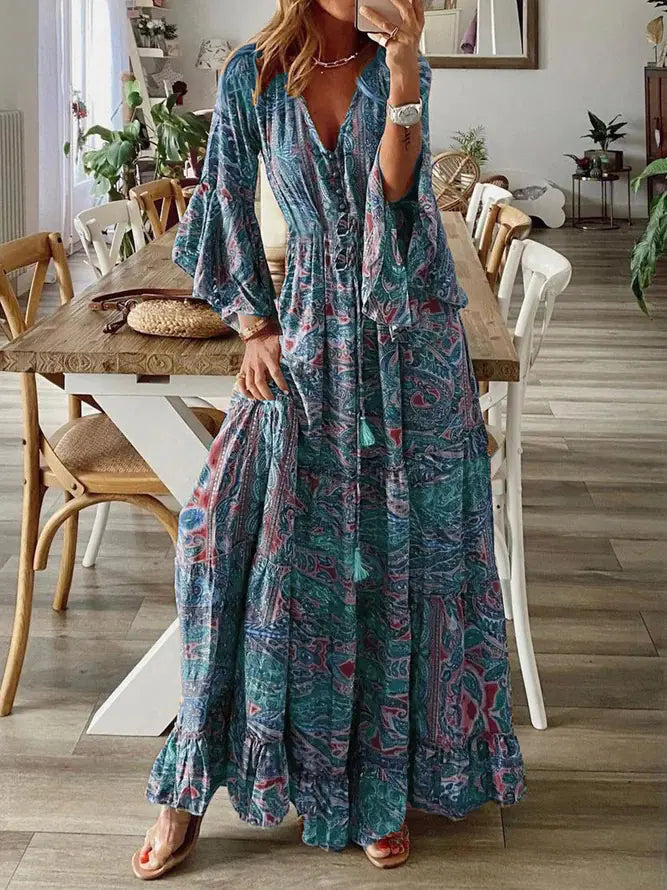 Floral Print Bohemian V-Neck Dress
