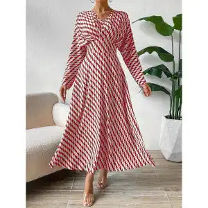 Geometric Printed V-neck Long-sleeved, Cinched-waist Elegant Office Clothing