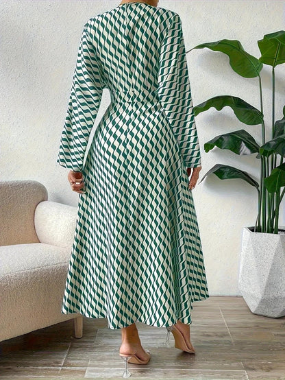 Geometric Printed V-neck Long-sleeved, Cinched-waist Elegant Office Clothing