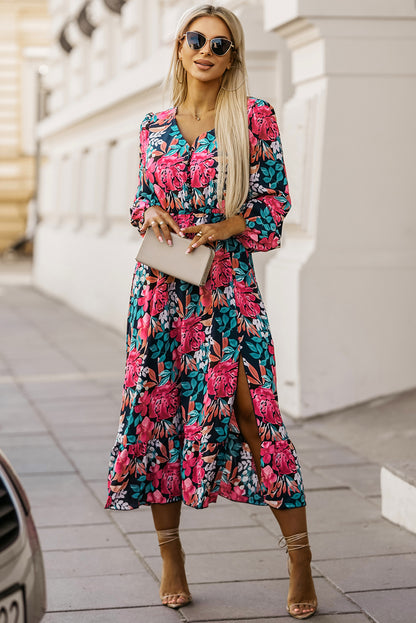 Vestido floral con abertura y cintura alta elástica con cuello en V en rojo intenso