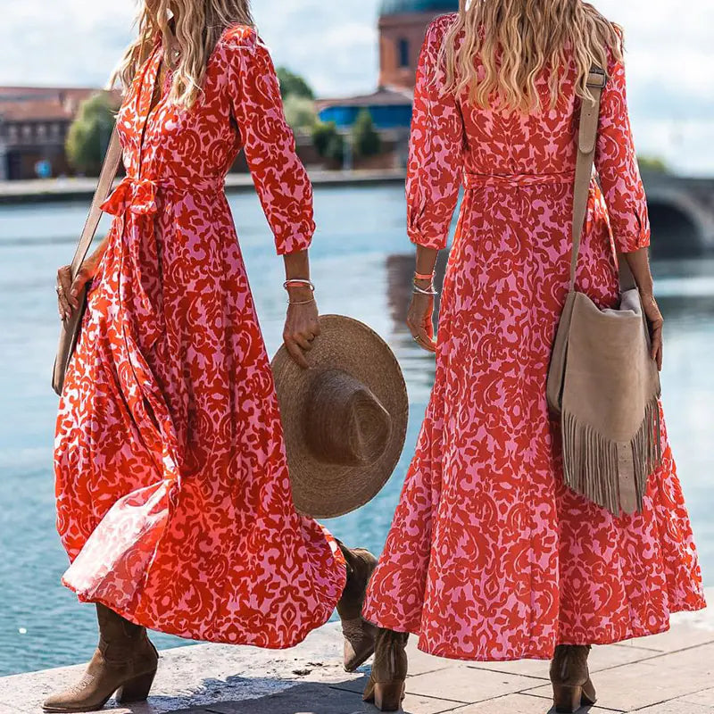 Trendy Print Lace-up Waist Dress