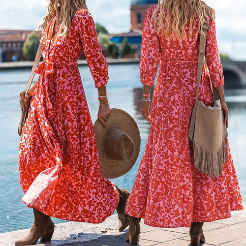 Trendy Print Lace-up Waist Dress