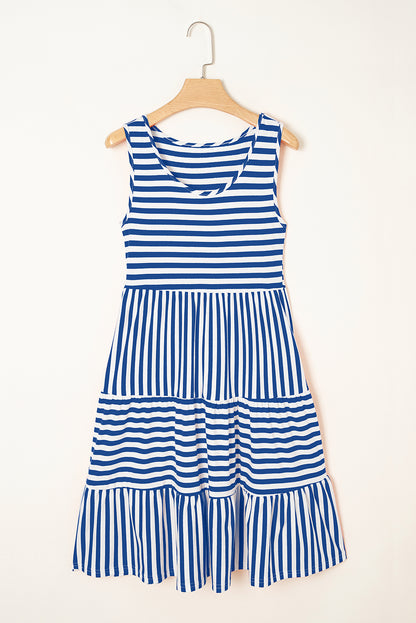 Sky Blue Stripe U Neck Sleeveless Loose Fit Mini Dress