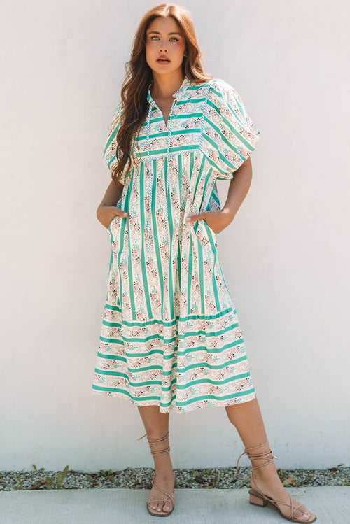 Multicolour Striped Floral Print Tie Split Neck Puff Sleeve Midi Dress