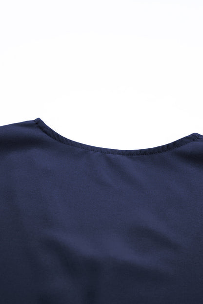 Blue Lace Trim V Neck Short Sleeve Blouse