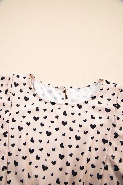 Khaki Heart Printed Flutter Sleeve Cinched Waist Tiered Ruffle Mini Dress