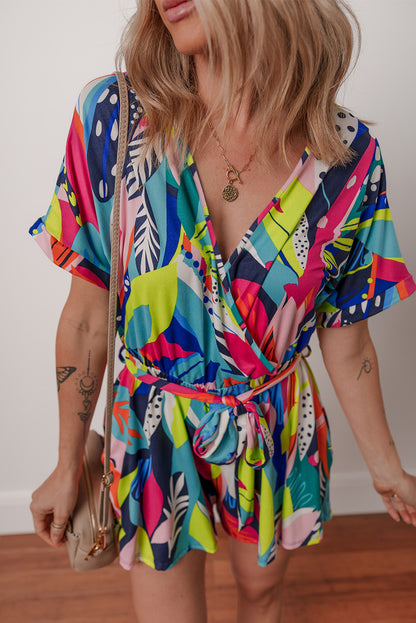 Multicolour Tropical Printed Surplice Neck Tie Waist Romper