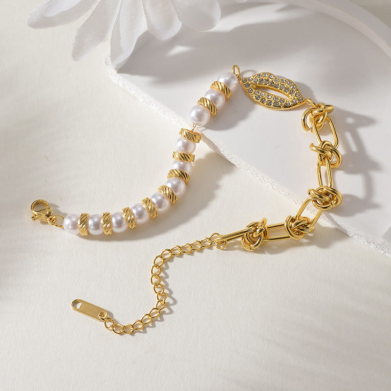 Diamond Pearl Back-shaped Knotted Chain Bracelet in Steel