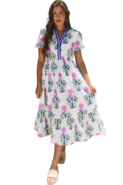 White Floral Puff Short Sleeve V Neck High Waist Maxi Dress